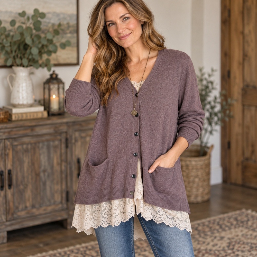 LOGO Lori Goldstein Purple Lace Hem Cardigan Sweater Womens Large Lagenlook